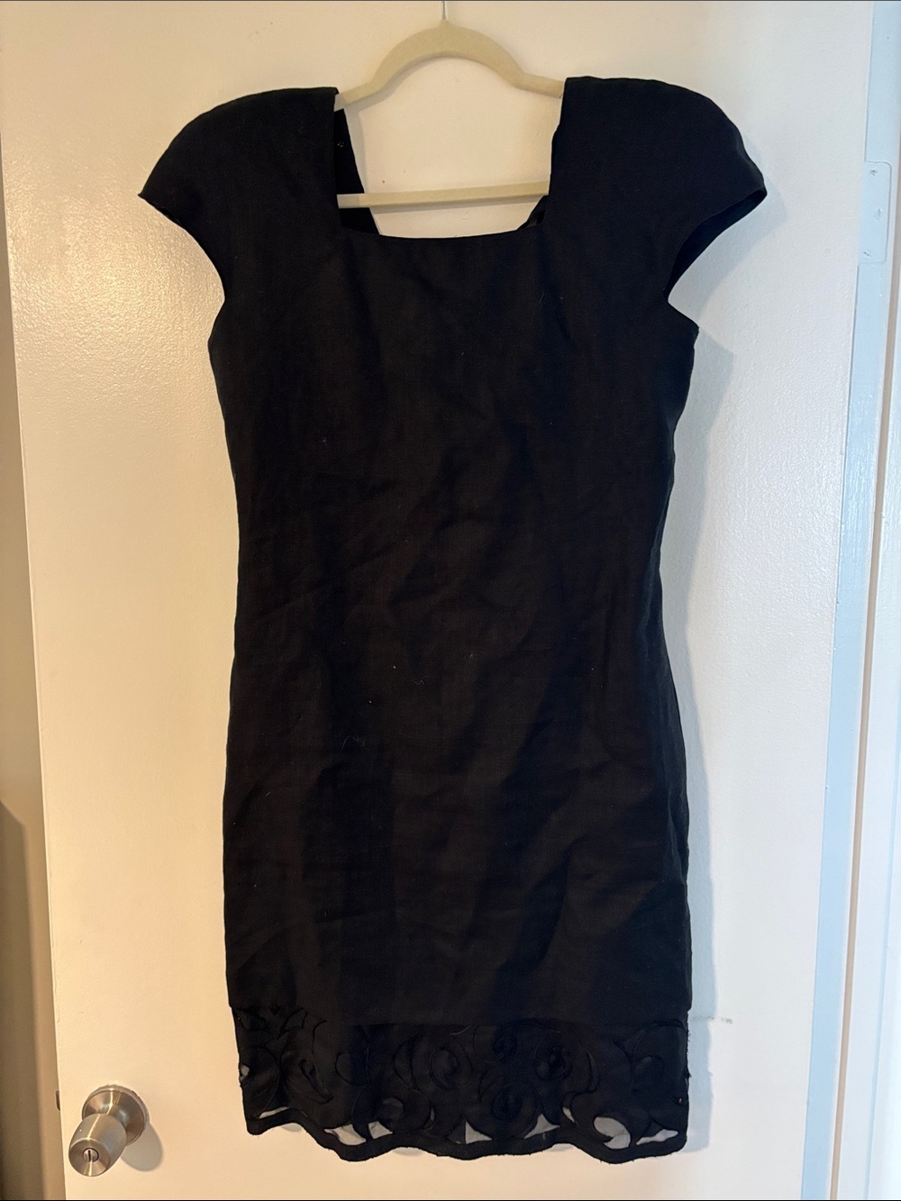Black Cap-Sleeve Linen Mini Dress with Decorative Hem